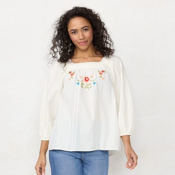 LC Lauren Conrad Tops - Lauren Conrad Large Puff Sleeve Top Off White Colorful Floral Embroidered